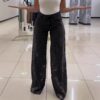 High waist wide pants Women's stretch Denim Jeans with cut out lace