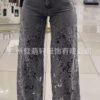 High waist wide pants Women's stretch Denim Jeans with cut out lace