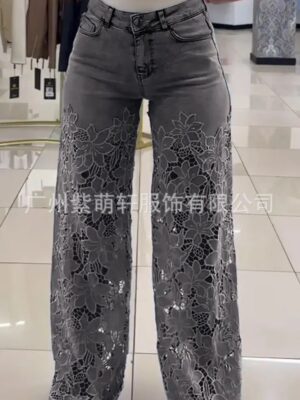 High waist wide pants Women's stretch Denim Jeans with cut out lace