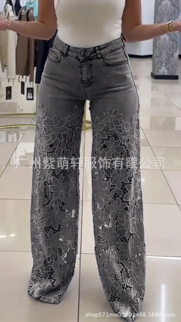 High waist wide pants Women's stretch Denim Jeans with cut out lace