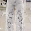 High waist wide pants Women's stretch Denim Jeans with cut out lace