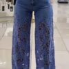 High waist wide pants Women's stretch Denim Jeans with cut out lace