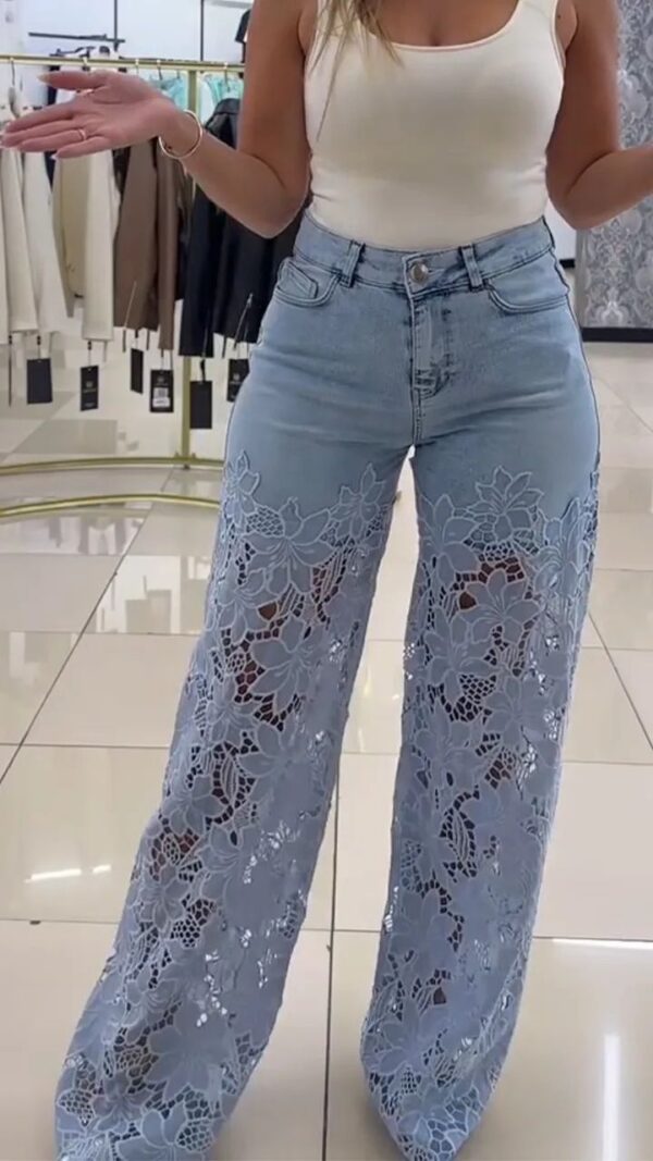 High waist wide pants Women's stretch Denim Jeans with cut out lace