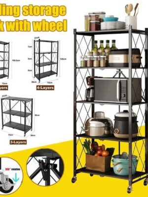 BLACK HEAVY DUTY METAL MULTIFUNCTIONAL FOLDABLE STORAGE SHELF FOR KITCHEN/BATHROOM/LIVING & BEDROOM