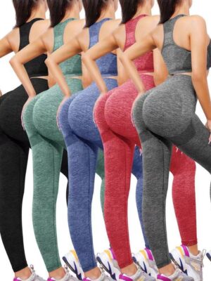 2PCS SEAMLESS HIGH STRETCH LADIES GYM WEAR SET – LONG HIP HUGGING TUMMY CONTROL LEGGINGS & PADDED TOP BRA