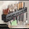 60CM FREE PUNCHING TILE/WALL-MOUNTED KITCHEN COOKING/EATING UTENSILS RACK WITH 3 SHALLOW STORAGE SLOTS (DESIGN 001)