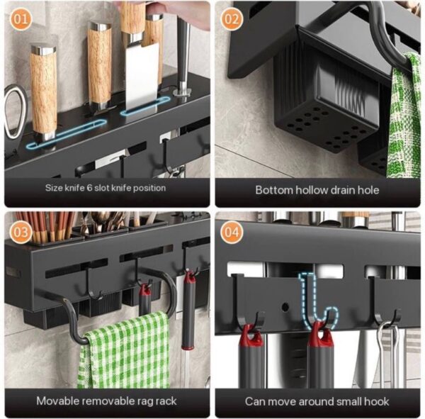 60CM FREE PUNCHING TILE/WALL-MOUNTED KITCHEN COOKING/EATING UTENSILS RACK WITH 3 SHALLOW STORAGE SLOTS (DESIGN 001)