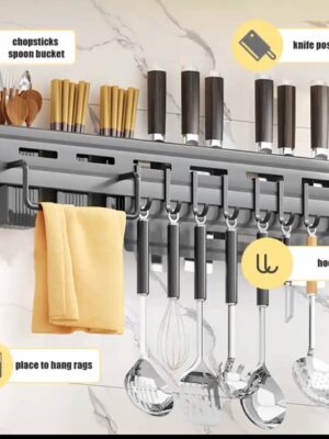 60CM FREE PUNCHING TILE/WALL-MOUNTED KITCHEN COOKING/EATING UTENSILS RACK WITH 3 SHALLOW STORAGE SLOTS (DESIGN 001)