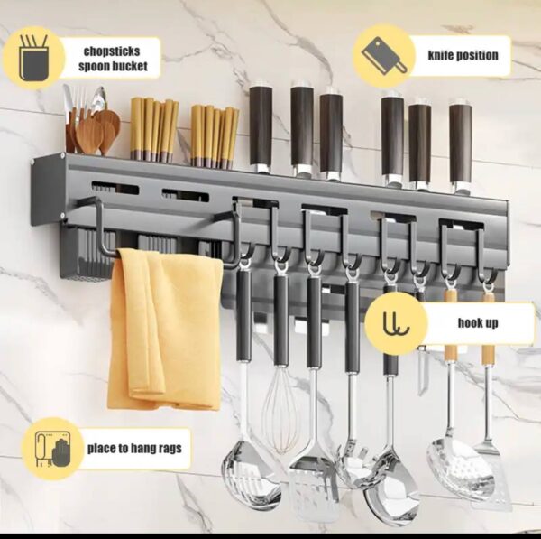 60CM FREE PUNCHING TILE/WALL-MOUNTED KITCHEN COOKING/EATING UTENSILS RACK WITH 3 SHALLOW STORAGE SLOTS (DESIGN 001)