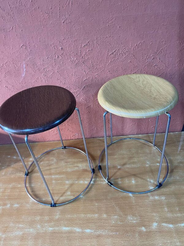 THICKENED WROUGHT REINFORCED ROUND STOOL WITH WOODEN SURFACE (COLOURS AVAILABLE: Light Brown & Dark Brown)