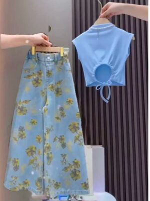 Two Piece set Short sleeve floral pants  for older girls