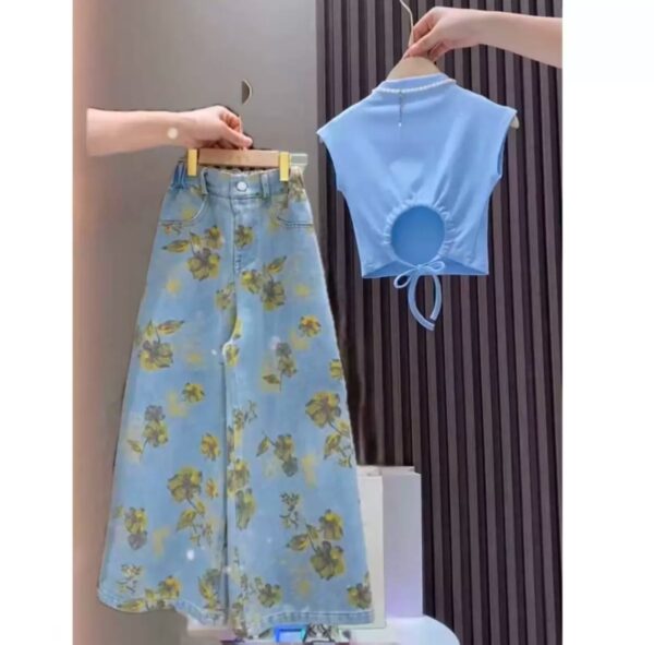 Two Piece set Short sleeve floral pants  for older girls