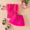 Two Piece set Mesh pit sleeveless top solid colour bow skirt suit