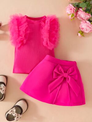 Two Piece set Mesh pit sleeveless top solid colour bow skirt suit