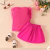 Two Piece set Mesh pit sleeveless top solid colour bow skirt suit