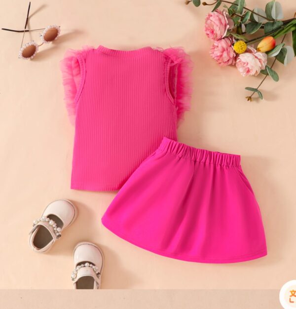 Two Piece set Mesh pit sleeveless top solid colour bow skirt suit