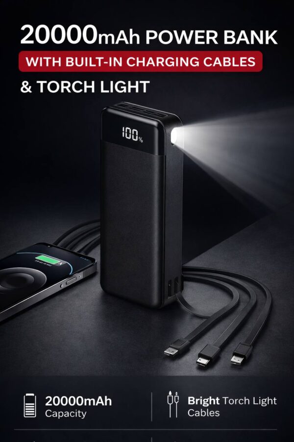 20000MAH NEXT TECH LASTING POWERBANK WITH IN-BUILT CHARGING CABLES & TOUCH LIGHT