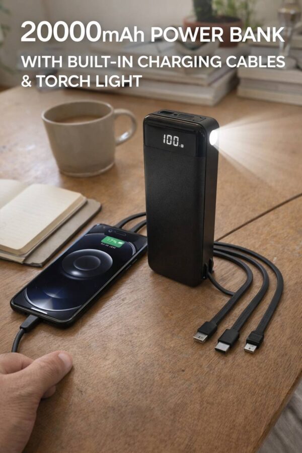 20000MAH NEXT TECH LASTING POWERBANK WITH IN-BUILT CHARGING CABLES & TOUCH LIGHT