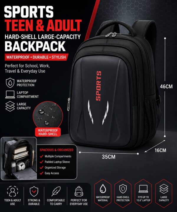 SPORTS TEEN & ADULT LARGE-CAPACITY HARD-SHELL WATERPROOF LAPTOP & SCHOOL BAG/BACKPACK