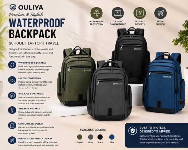 OULIYA HIGH-QUALITY WATERPROOF OXFORD LARGE-CAPACITY LAPTOP, TRAVEL, SCHOOL BAG/BACKPACK WITH USB CHARGING PORT